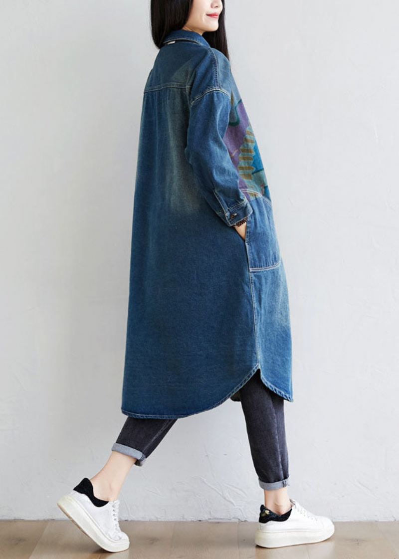 Manteau En Denim Imprimé Bleu Italien Avec Poches Et Col Peter Pan Printemps - Manteaux d'hiver femmes