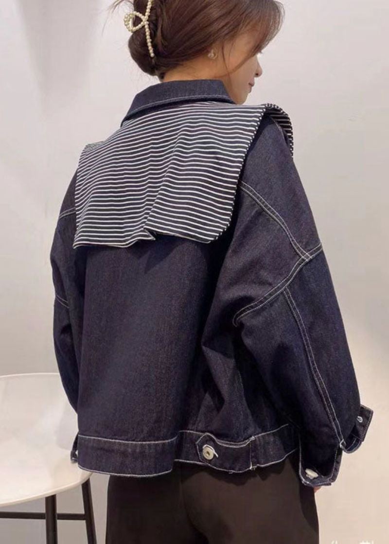 Manteau En Denim À Manches Longues Avec Poches Et Boutons Bleu Marine De Grande Taille - Marine