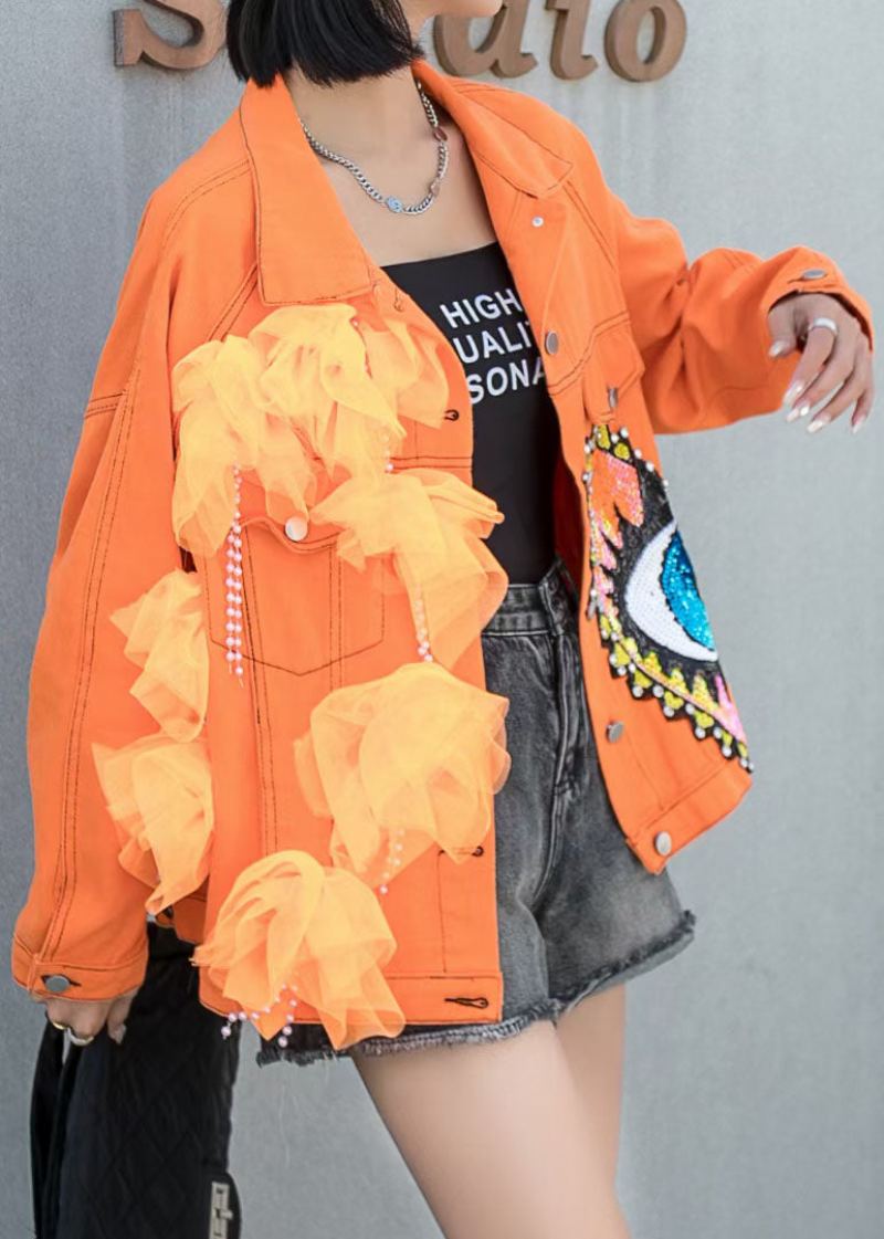 Manteau En Denim Orange Français Poches En Tulle Paillettes Perles À Ongles Patchwork Printemps - Manteaux d'hiver femmes