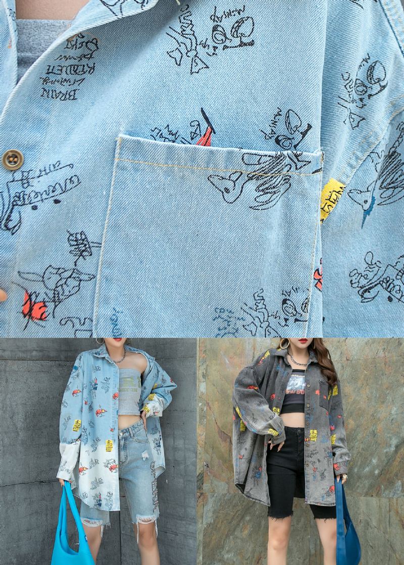 Manteau En Denim Patchwork Bleu Clair Naturel Poches À Col Peter Pan Printemps - Bleu Clair