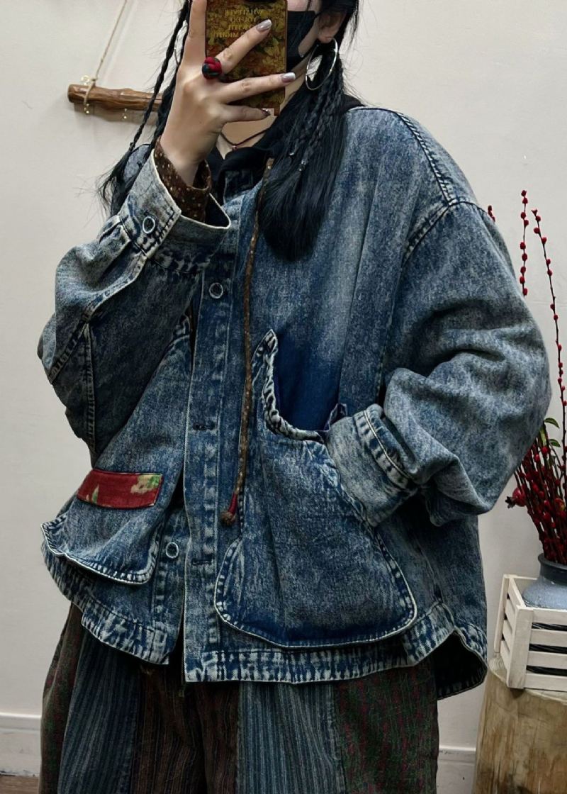 Manteau En Denim Patchwork Bleu Vintage Avec Poches Boutonnées Automne - Manteaux d'hiver femmes