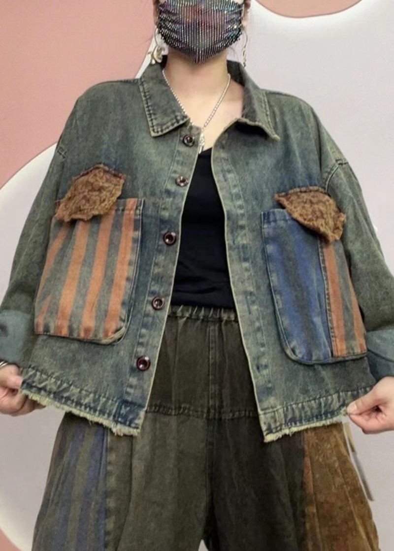 Manteau En Denim Patchwork Noir Unique Avec Poches À Col Peter Pan Automne - Manteaux d'hiver femmes