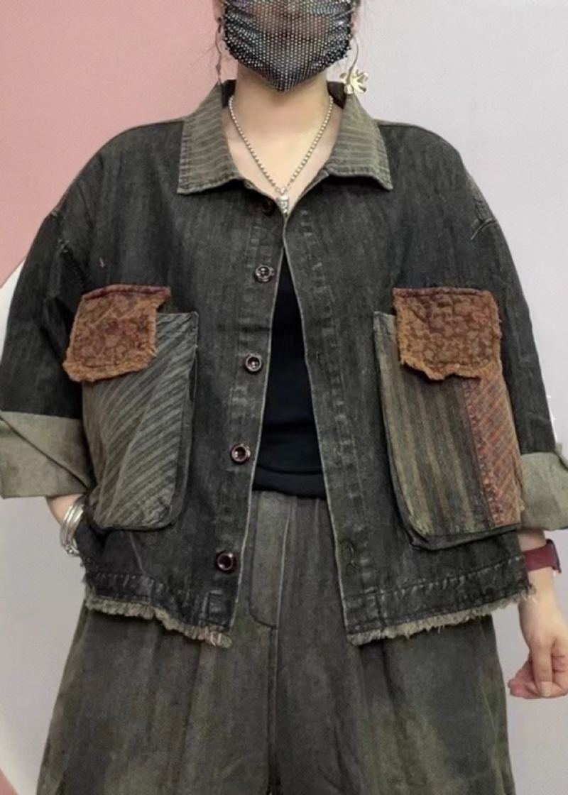 Manteau En Denim Patchwork Noir Unique Avec Poches À Col Peter Pan Automne - Manteaux d'hiver femmes