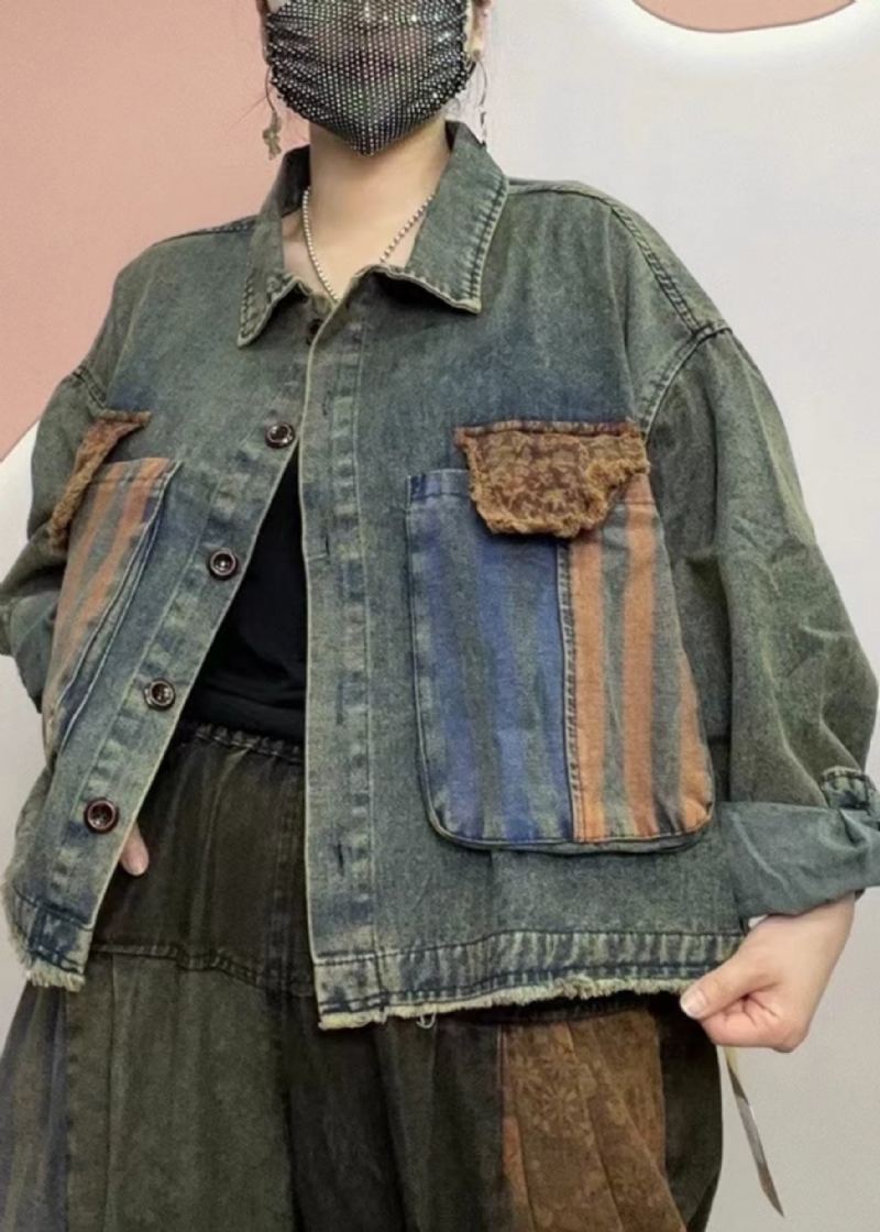 Manteau En Denim Patchwork Noir Unique Avec Poches À Col Peter Pan Automne - Manteaux d'hiver femmes