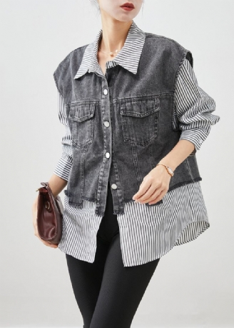 Manteau En Denim Patchwork Rayé Noir Décontracté Vêtements D'extérieur Automne