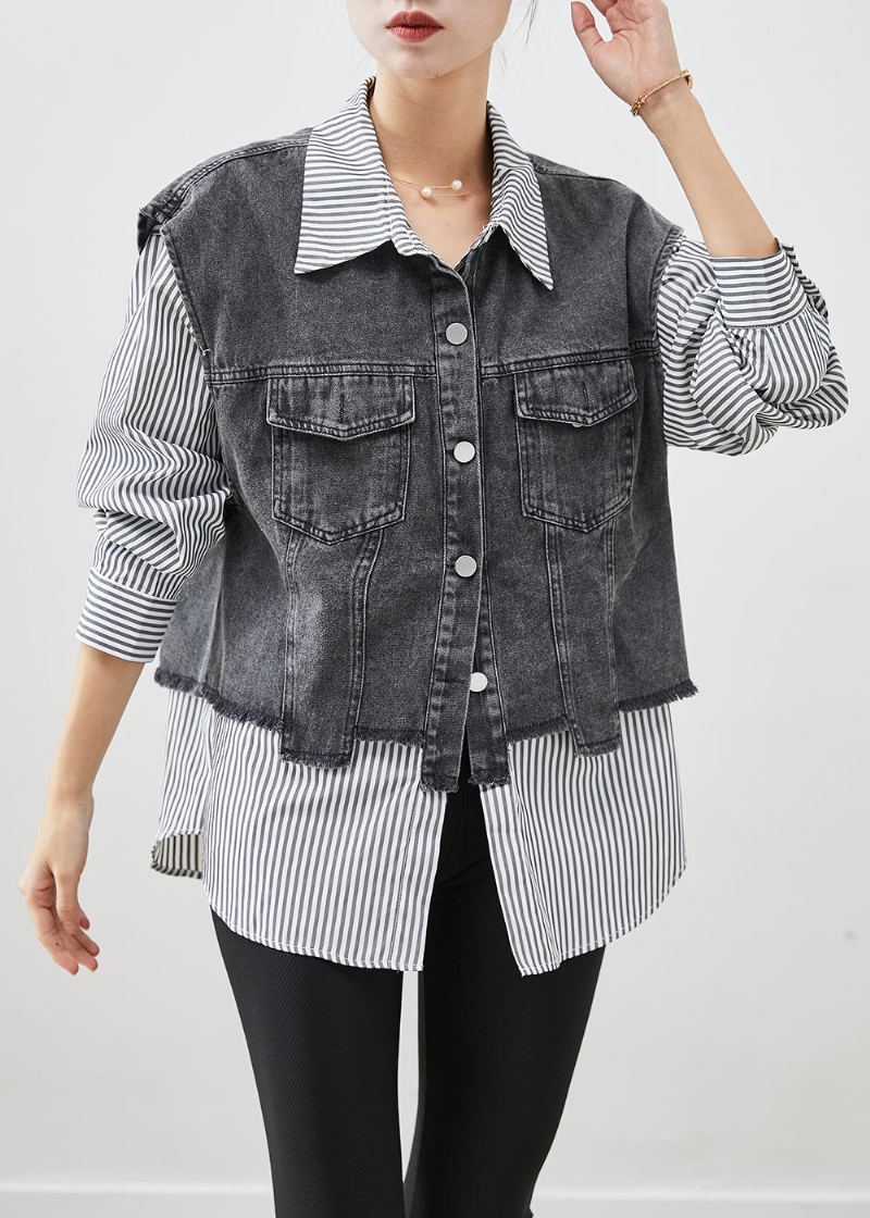 Manteau En Denim Patchwork Rayé Noir Décontracté Vêtements D'extérieur Automne - Manteaux d'hiver femmes