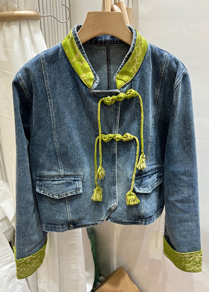 Manteau En Denim Vert Pour Femmes Col Montant Boutons Chinois Printemps