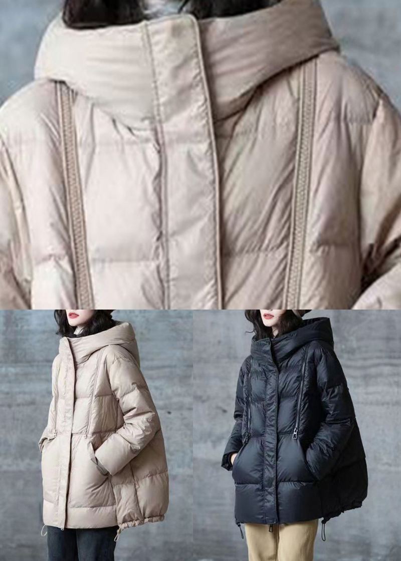 Manteau En Duvet De Canard Noir Ample À Capuche Avec Cordon De Serrage Et Manches Longues - Manteaux d'hiver femmes