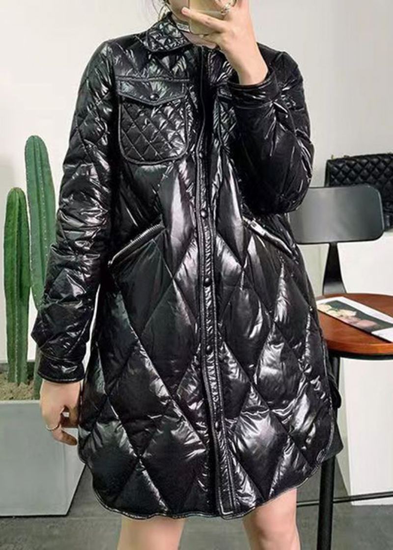 Manteau En Duvet De Canard Noir Avec Poches Boutonnées Et Fermeture Éclair À Manches Longues - Manteaux d'hiver femmes