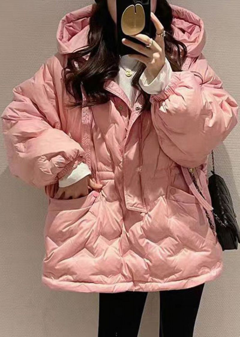 Manteau En Duvet De Canard Rose À Capuche Et Poches Zippées Manches Courtes - Manteaux d'hiver femmes