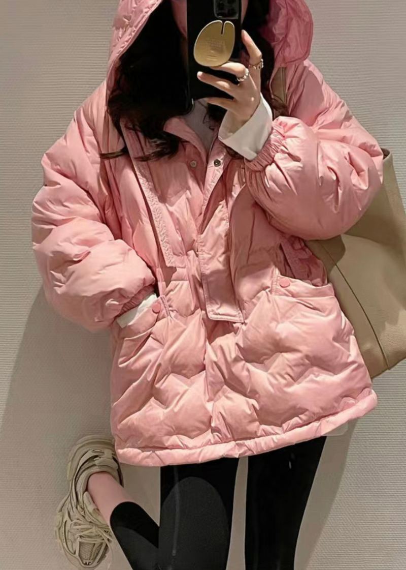 Manteau En Duvet De Canard Rose À Capuche Et Poches Zippées Manches Courtes - Manteaux d'hiver femmes