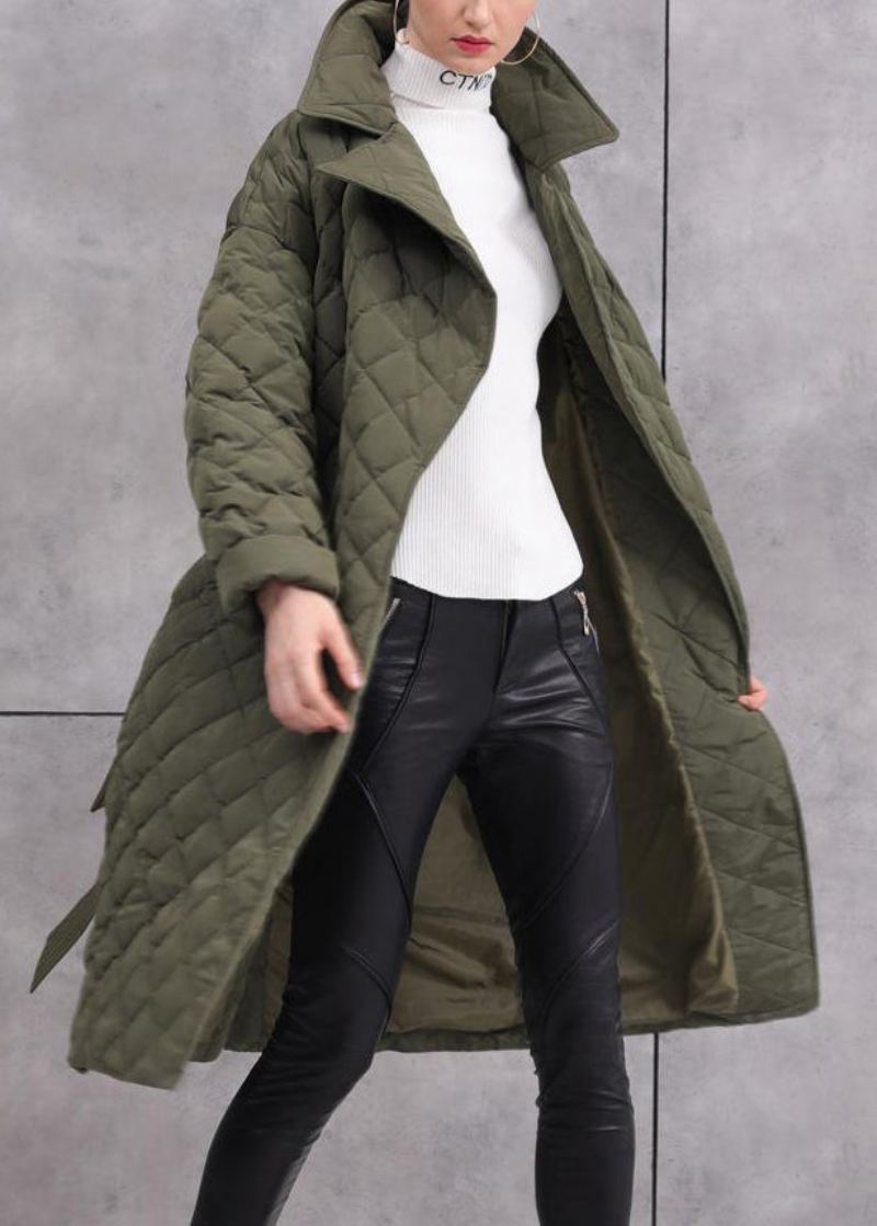 Manteau En Duvet De Canard Vert Armée Pour Femmes Poches À La Taille Manches Longues