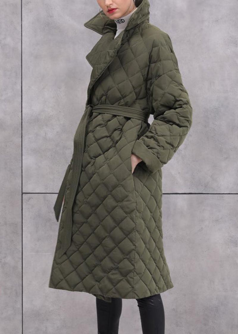 Manteau En Duvet De Canard Vert Armée Pour Femmes Poches À La Taille Manches Longues - Manteaux d'hiver femmes