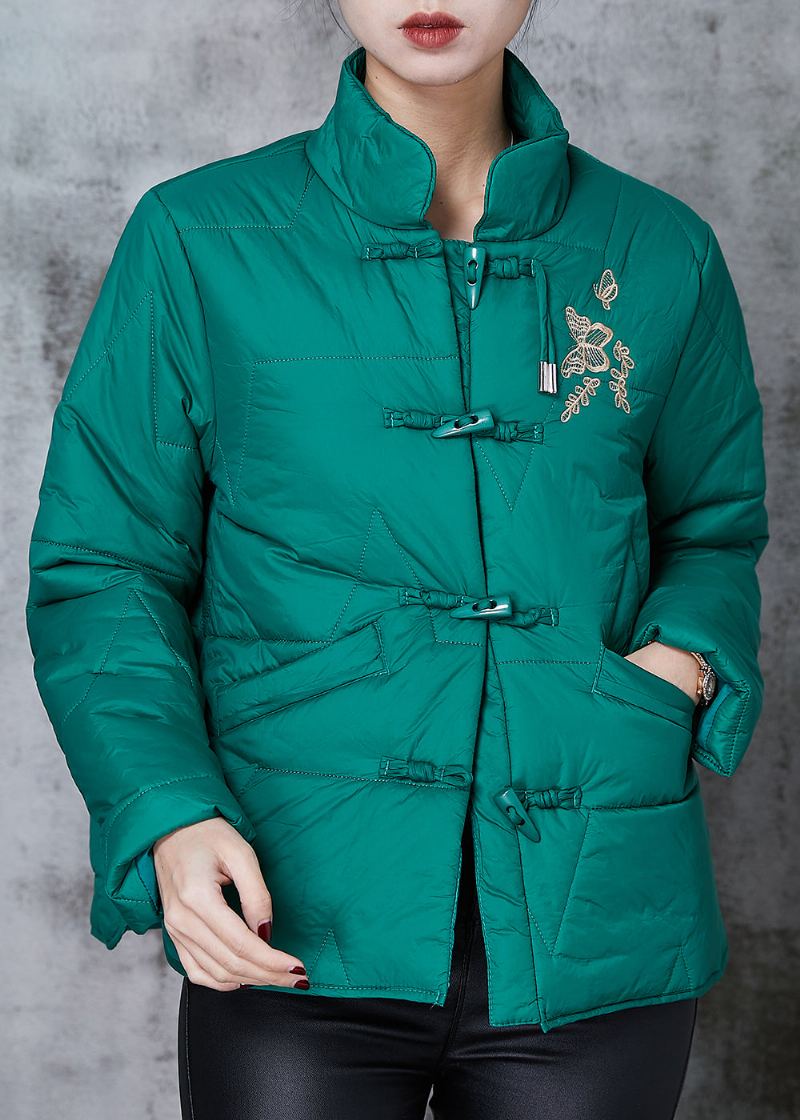 Manteau En Duvet De Canard Vert Brodé De Boutons Chinois Printemps - Manteaux d'hiver femmes