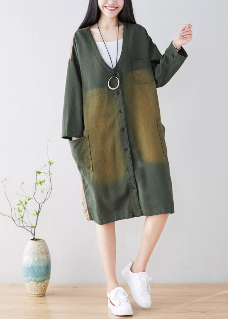 Manteau Élégant Imprimé Bouton Vert Grande Taille Printemps