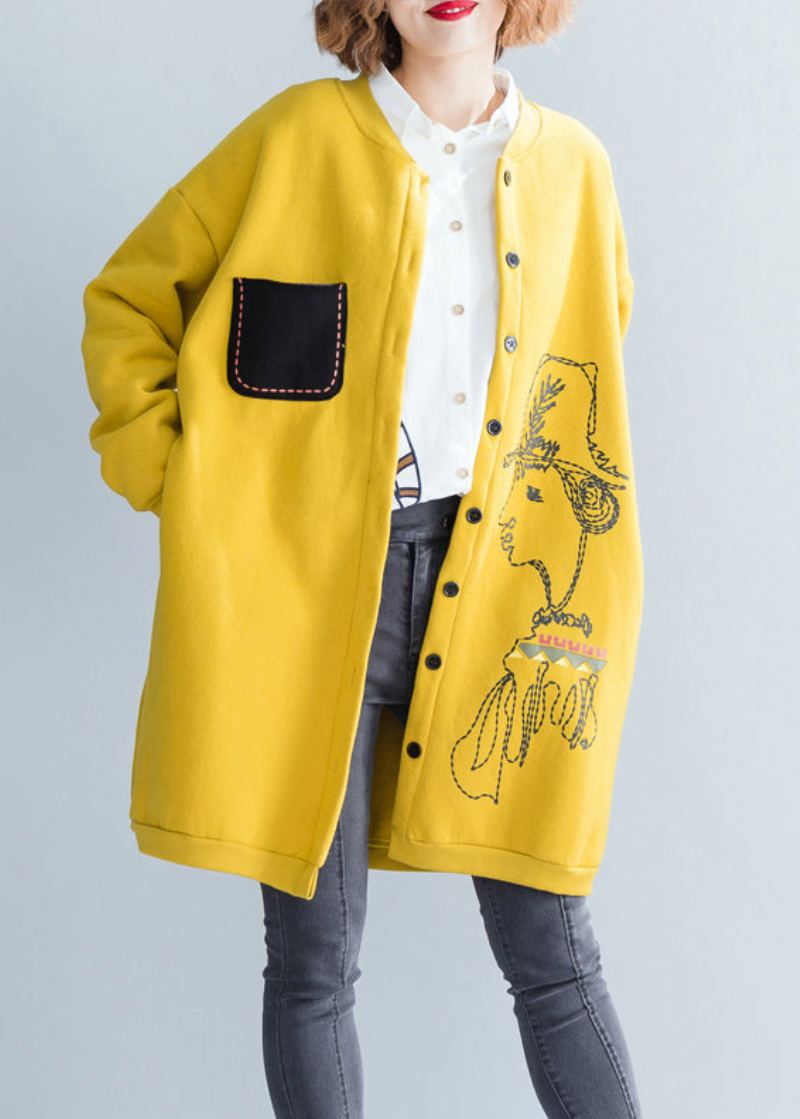 Manteau Épais Jaune Ample Col Rond Poches À Boutons Patchwork Automne