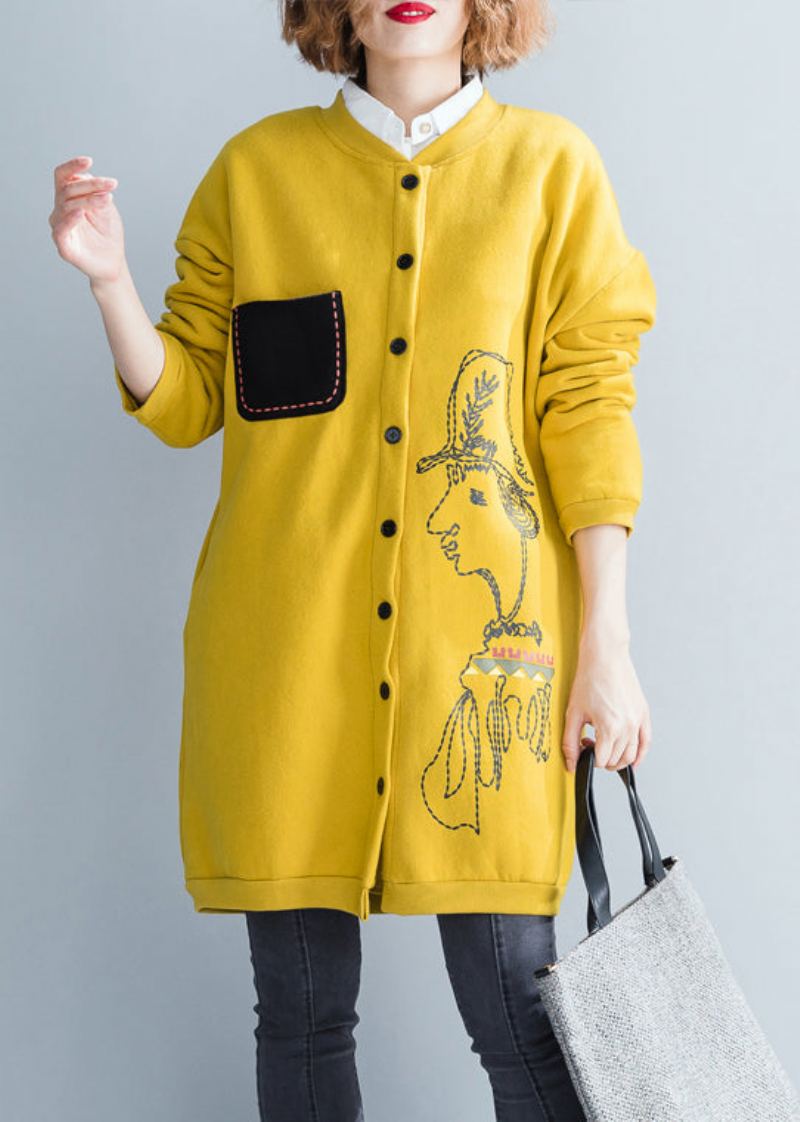 Manteau Épais Jaune Ample Col Rond Poches À Boutons Patchwork Automne - Manteaux d'hiver femmes