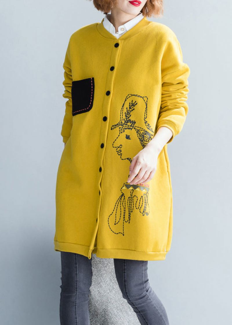 Manteau Épais Jaune Ample Col Rond Poches À Boutons Patchwork Automne - Manteaux d'hiver femmes