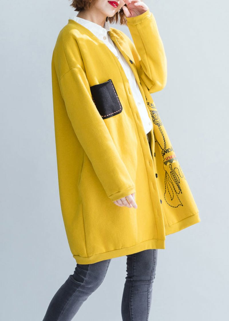 Manteau Épais Jaune Ample Col Rond Poches À Boutons Patchwork Automne - Manteaux d'hiver femmes