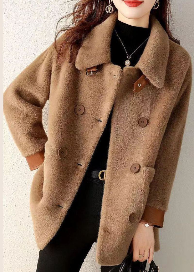 Manteau En Fausse Fourrure Avec Poches Café Col Claudine Boutons Automne - Manteaux d'hiver femmes