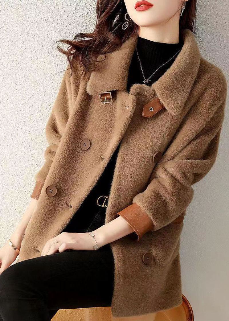 Manteau En Fausse Fourrure Avec Poches Café Col Claudine Boutons Automne - Manteaux d'hiver femmes