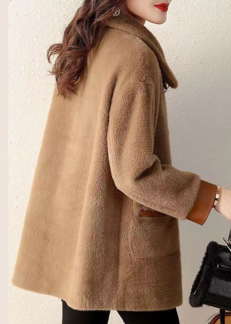 Manteau En Fausse Fourrure Avec Poches Café Col Claudine Boutons Automne - Manteaux d'hiver femmes