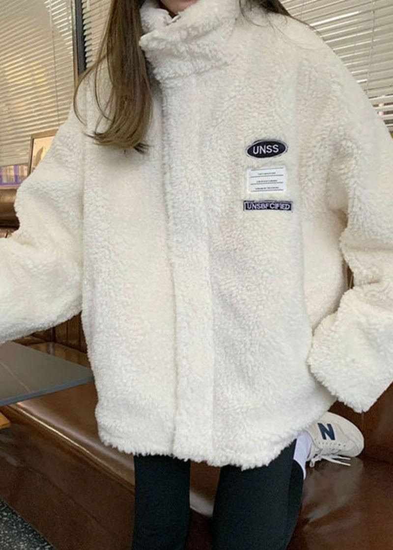 Manteau En Fausse Fourrure Blanc Décontracté Avec Poches À Col Montant Des Deux Côtés Pour L'hiver - Manteaux d'hiver femmes