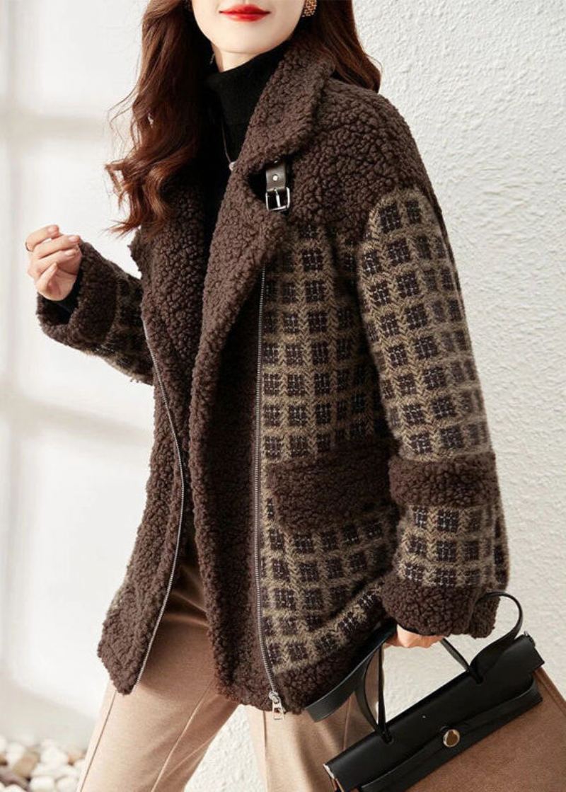 Manteau En Fausse Fourrure À Carreaux Café Ample Fermeture Éclair Patchwork Teddy Hiver