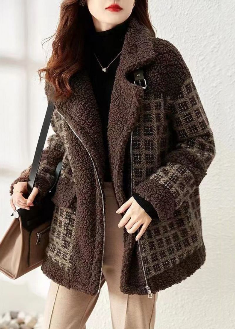 Manteau En Fausse Fourrure À Carreaux Café Ample Fermeture Éclair Patchwork Teddy Hiver - Manteaux d'hiver femmes