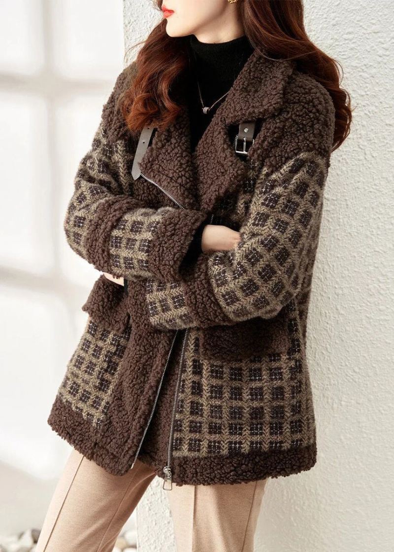 Manteau En Fausse Fourrure À Carreaux Café Ample Fermeture Éclair Patchwork Teddy Hiver - Manteaux d'hiver femmes