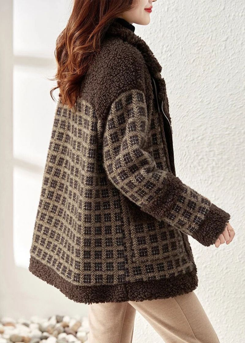 Manteau En Fausse Fourrure À Carreaux Café Ample Fermeture Éclair Patchwork Teddy Hiver - Manteaux d'hiver femmes