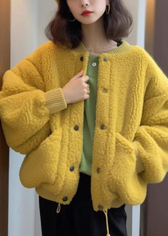 Manteau En Fausse Fourrure Pour Femme Poches Boutonnées Jaunes Printemps