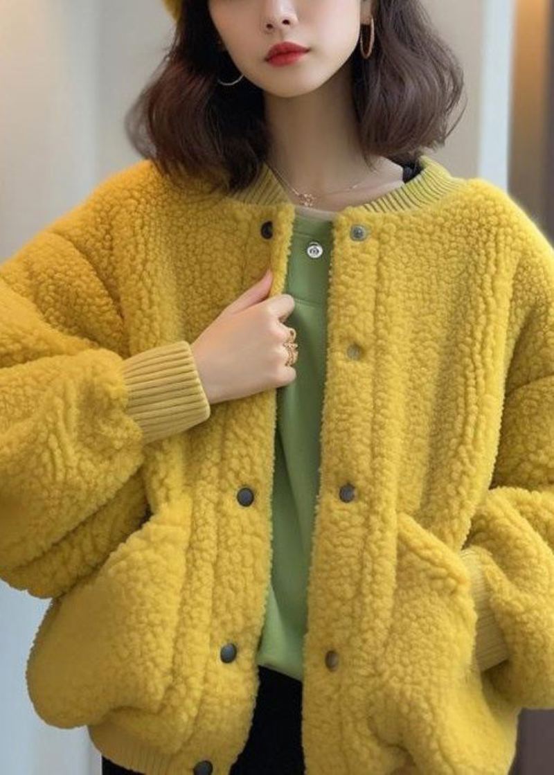 Manteau En Fausse Fourrure Pour Femme Poches Boutonnées Jaunes Printemps - Manteaux d'hiver femmes