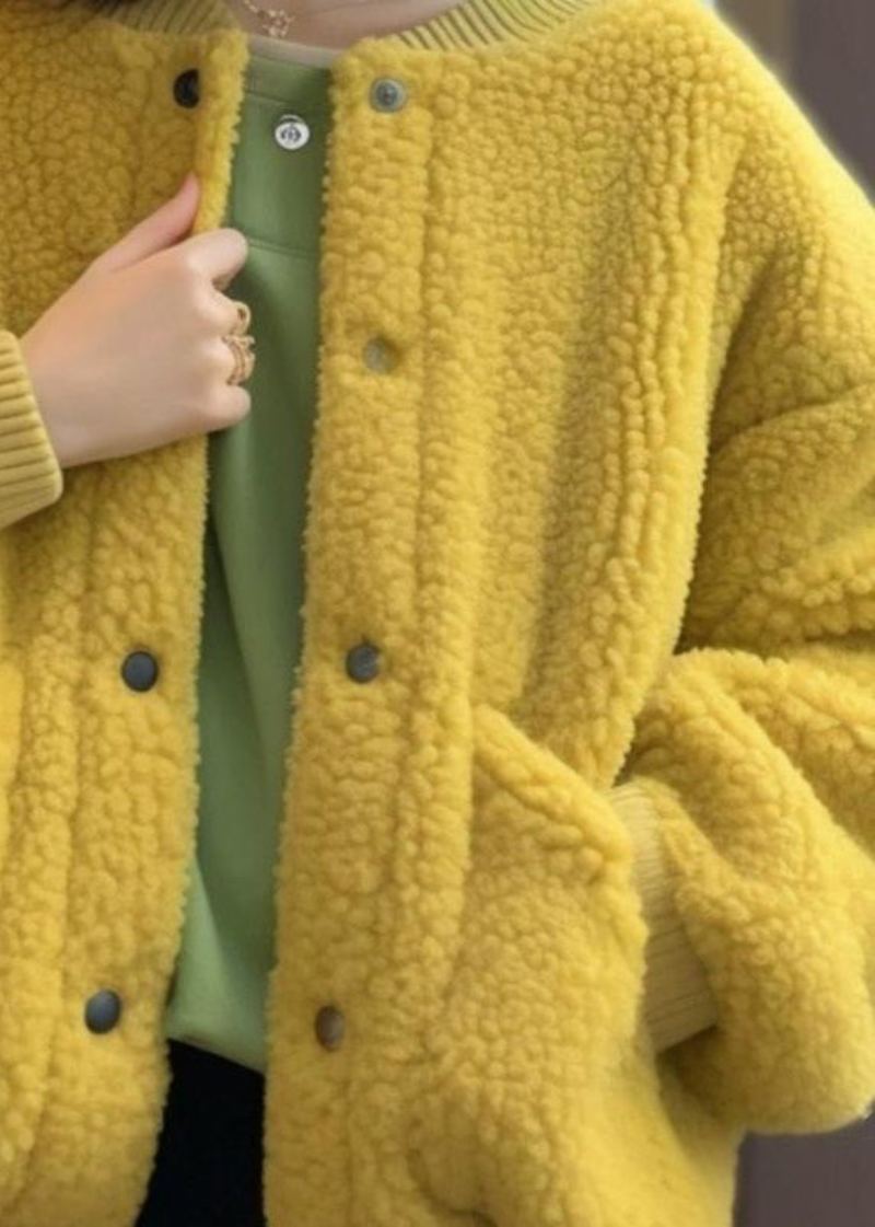 Manteau En Fausse Fourrure Pour Femme Poches Boutonnées Jaunes Printemps - Manteaux d'hiver femmes