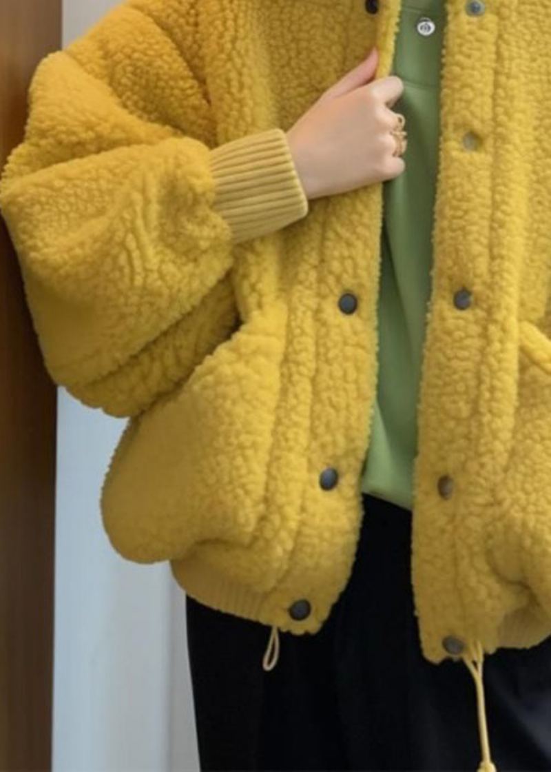 Manteau En Fausse Fourrure Pour Femme Poches Boutonnées Jaunes Printemps - Manteaux d'hiver femmes