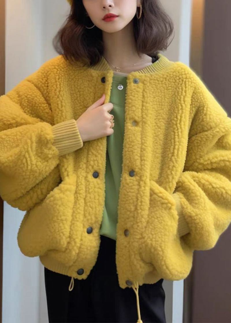 Manteau En Fausse Fourrure Pour Femme Poches Boutonnées Jaunes Printemps - Manteaux d'hiver femmes