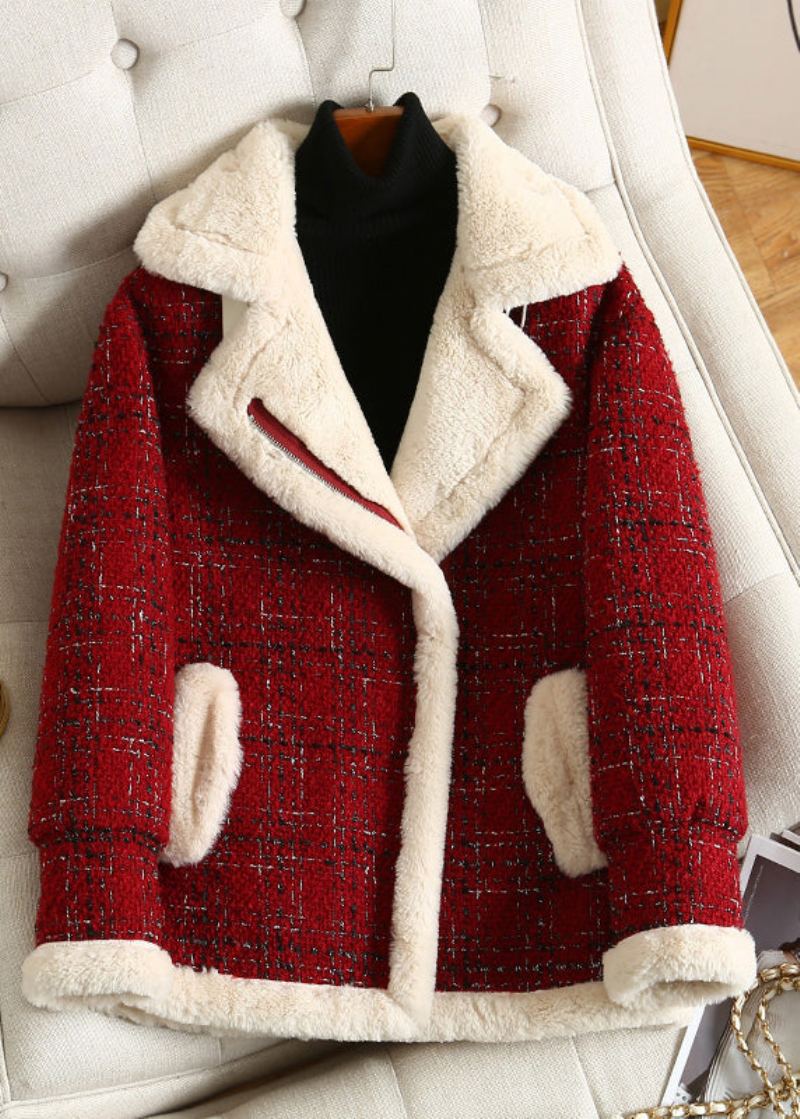 Manteau En Fausse Fourrure Rouge Ample Avec Boutons Et Col Peter Pan Automne - Rouge