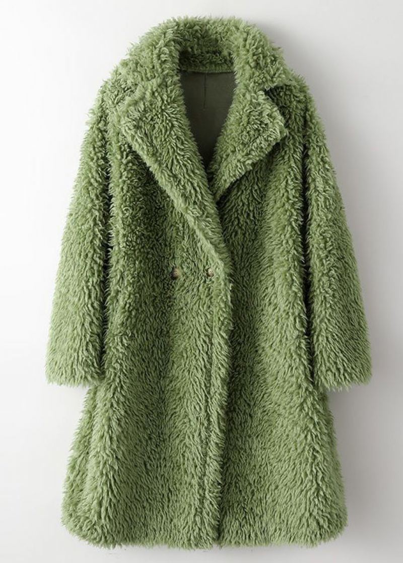 Manteau En Fausse Fourrure Vert Ample Avec Col Peter Pan Et Boutons Long Hiver