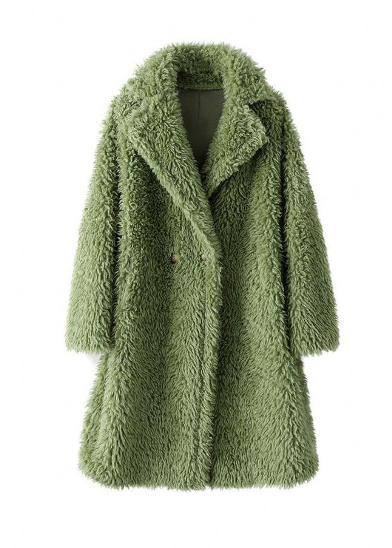 Manteau En Fausse Fourrure Vert Ample Avec Col Peter Pan Et Boutons Long Hiver - Manteaux d'hiver femmes