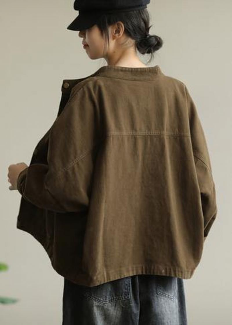 Manteau Fin Chocolat Pour Femme Col Montant Boutonné - Chocolat