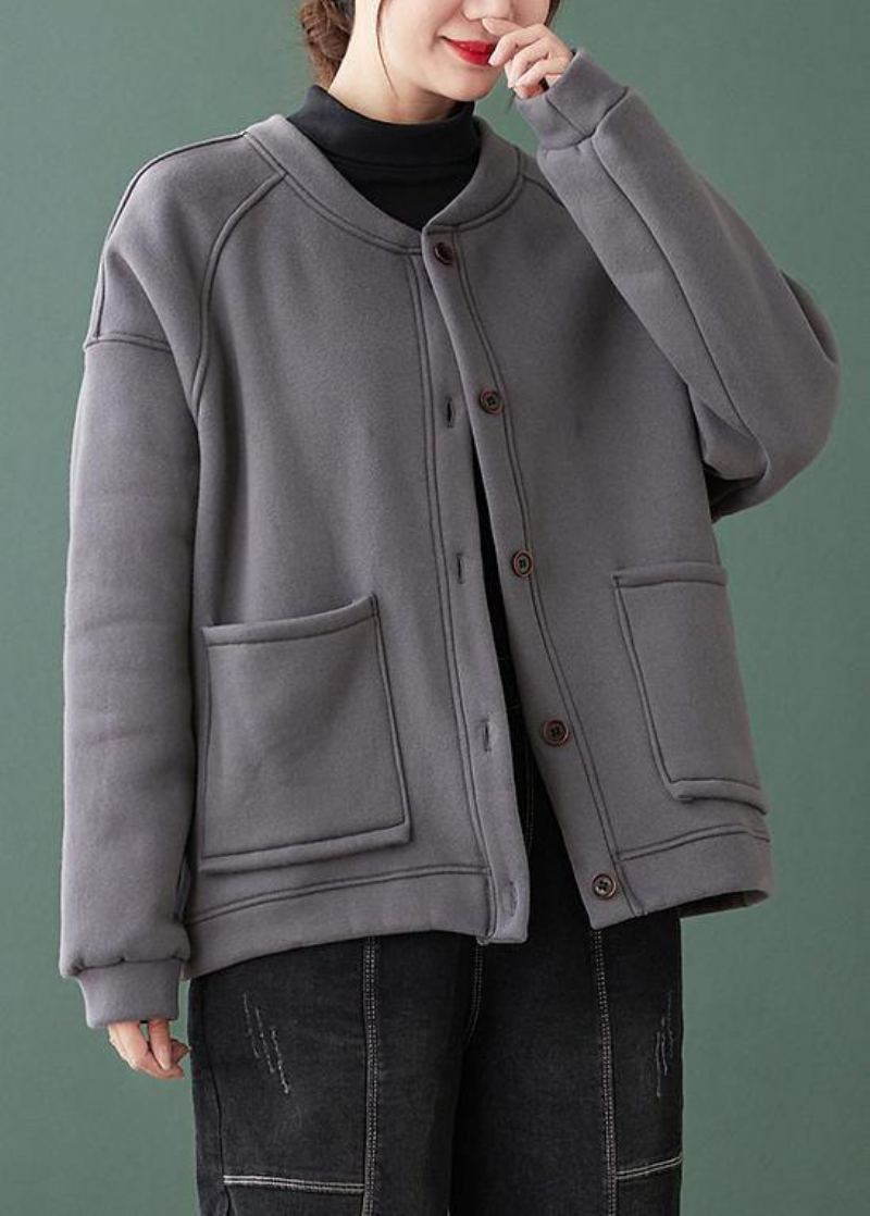 Manteau Fin Gris Naturel Pour Femme Cadeaux Col Rond Manteaux Boutonnés