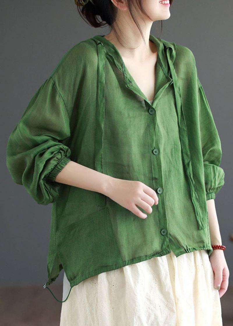 Manteau Fin En Lin Vert Décontracté Avec Poches À Capuche Patchwork Été