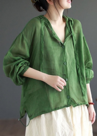 Manteau Fin En Lin Vert Décontracté Avec Poches À Capuche Patchwork Été