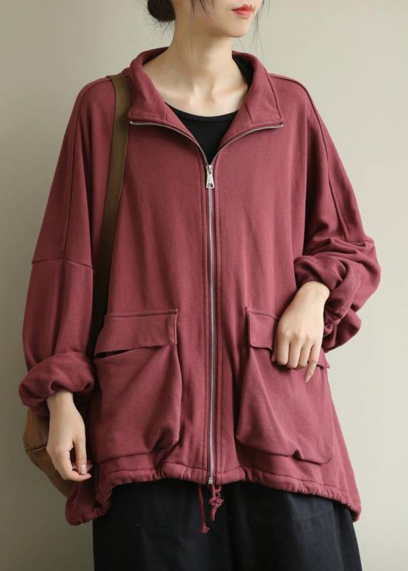 Manteau Fin Rouge Pour Femme Design Col Montant Vêtements D'extérieur À Fermeture Éclair