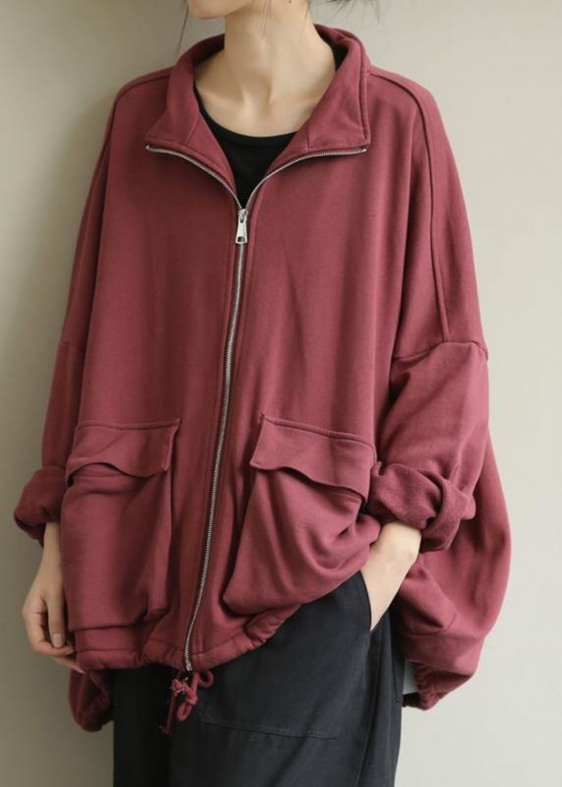 Manteau Fin Rouge Pour Femme Design Col Montant Vêtements D'extérieur À Fermeture Éclair - Noir