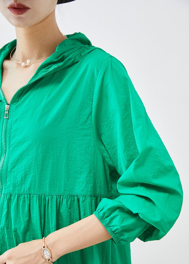 Manteau Fin Vert À Capuche Patchwork Upf 50+ Automne - Manteaux d'hiver femmes