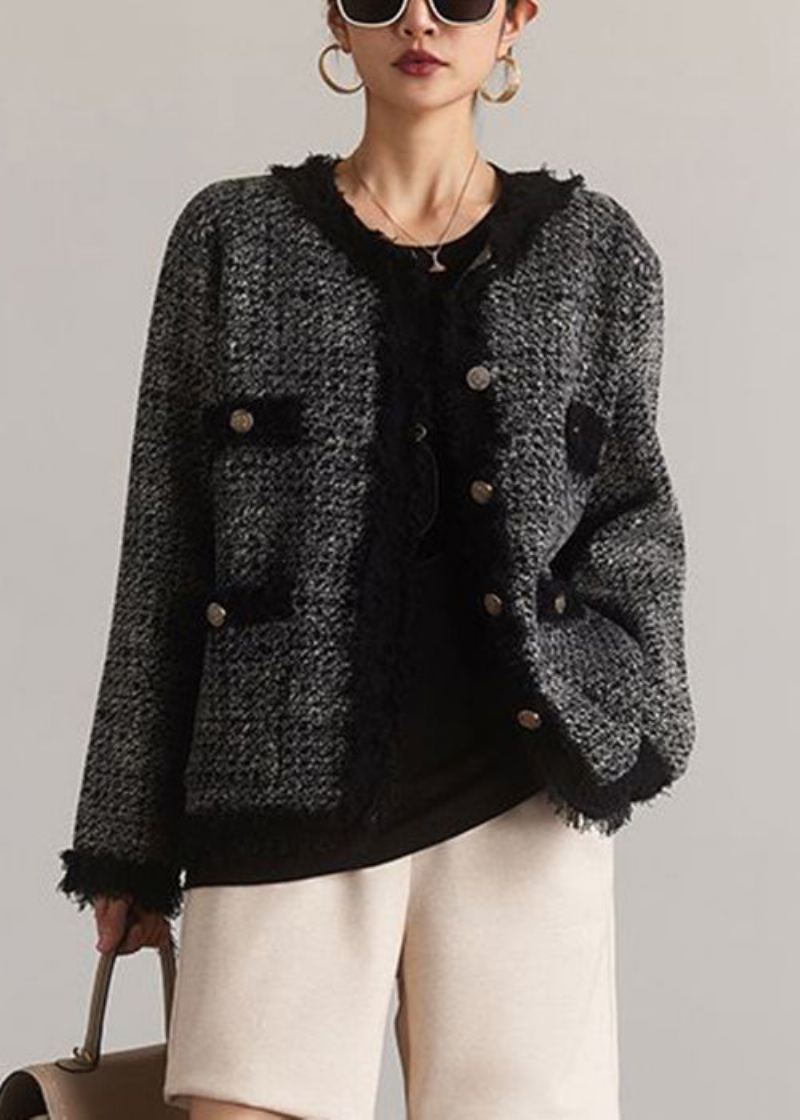 Manteau Français Noir En Coton Col Rond Boutons Patchwork Printemps - Manteaux d'hiver femmes