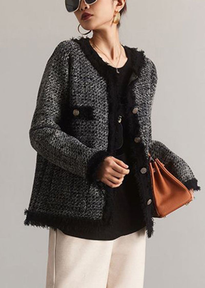 Manteau Français Noir En Coton Col Rond Boutons Patchwork Printemps - Manteaux d'hiver femmes