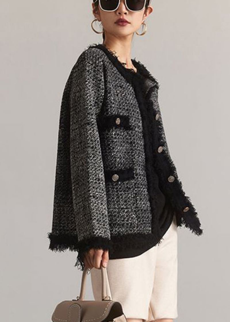 Manteau Français Noir En Coton Col Rond Boutons Patchwork Printemps - Manteaux d'hiver femmes