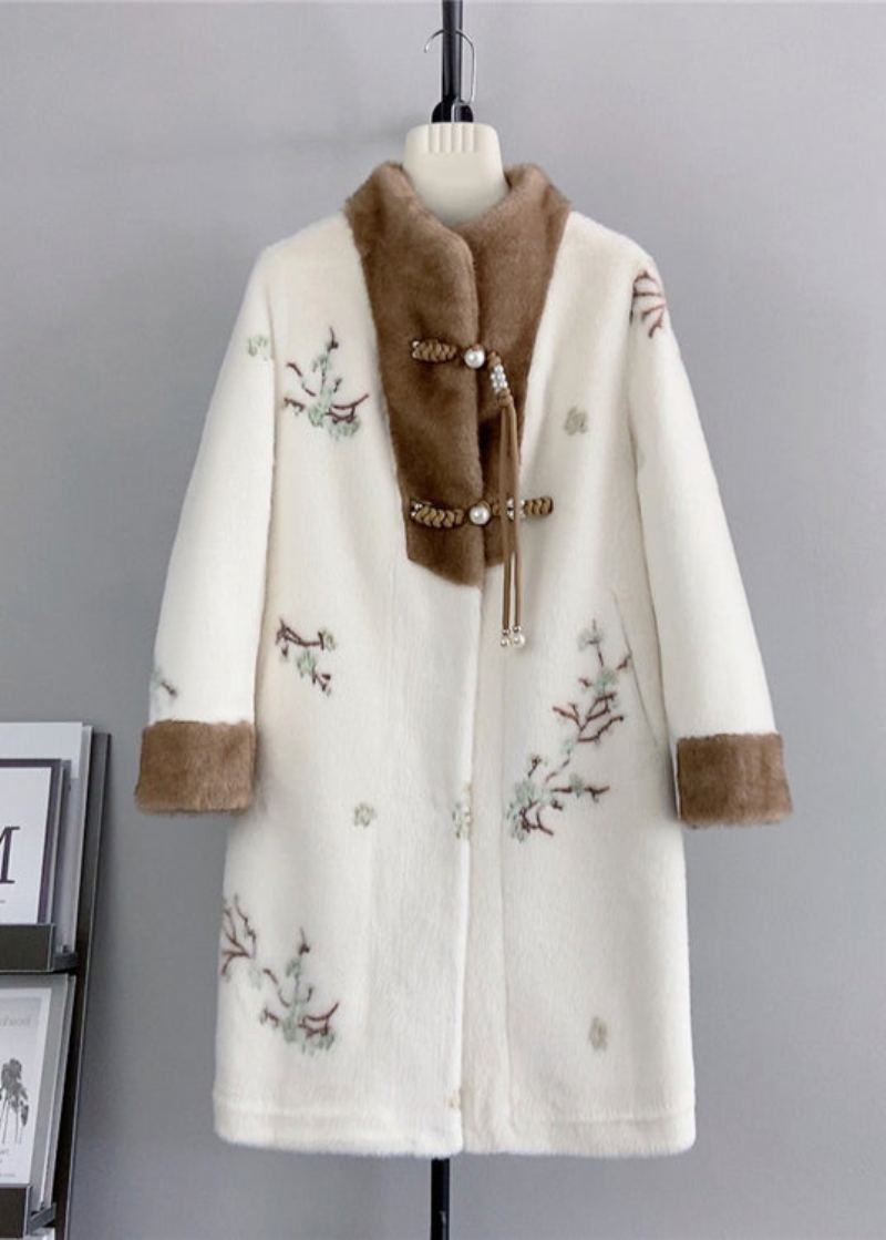 Manteau D'hiver En Cachemire De Vison Brodé À Franges Beige De Style Chinois